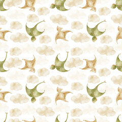 Dinosaur flying pterosaur. Watercolor illustration dino in childish style. Hand-drawn isolated from background for textiles, fabrics, clothing, wallpaper, packaging, postcards for museums, excavations