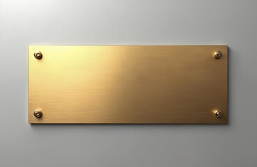 Metal plate attached to light gray wall using screws. Gold surface is clear, clean and empty. Blank shiny texture is suitable for graphic text overlay or copy space area. Wall decor element.