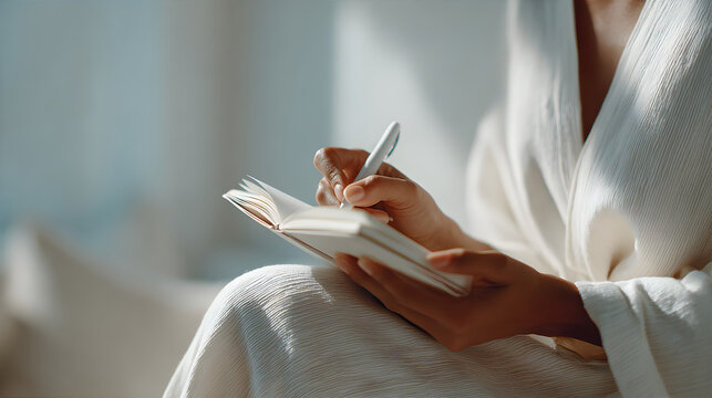 Woman writing in small notebook with pen, recording thoughts, ideas, or scheduling tasks for productivity and organization.