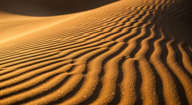 Sunlit desert dunes display stunning natural sand patterns and textured ripples. Golden light and dark shadows highlight the beautiful abstract landscape forms.