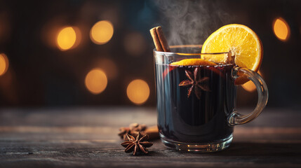 A warm cup of mulled wine garnished with an orange slice and cinnamon stick, evoking cozy holiday vibes and festive gatherings.