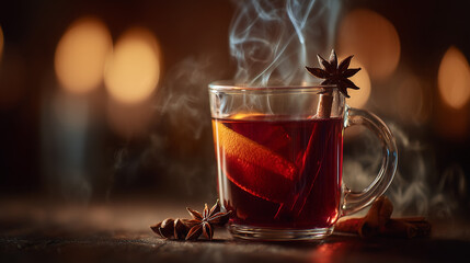 Cozy glass of mulled wine with spices, perfect for festive celebrations. Ideal for holiday themes and warm home gatherings.