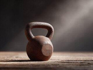 Rustic, textured kettlebell on weathered wood. Symbolizes strength, endurance, and vintage fitness. Evokes a sense of rugged training and determination. Ideal for gym ads.