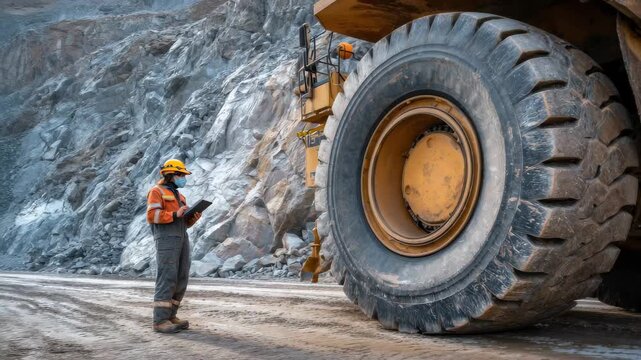 Worker checking equipment in a quarry while standing beside a large mining truck tire during daylight hours