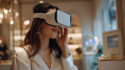 A woman wearing a white shirt and a gold watch is wearing a virtual reality headset. She is smiling and she is enjoying the experience