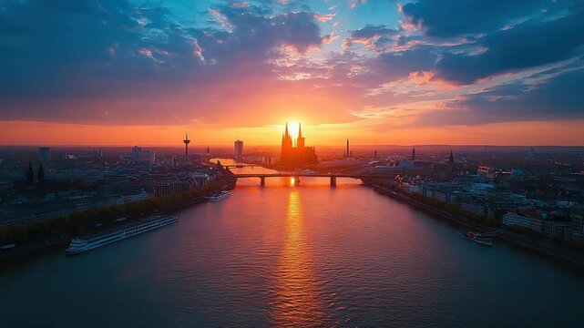 aerial drone footage of cologne at sunset video