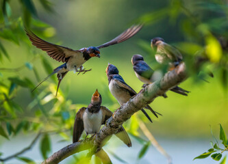 A barn swallow bird flies to feed its hungry chicks sitting on a tree branch