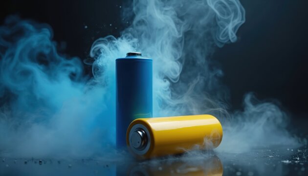 Exploding batteries emit smoke. One blue and yellow battery on a reflective surface. Danger is associated with electric power cell malfunctions. Fire hazard warning related to lithium tech.