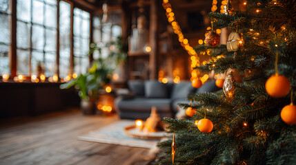Christmas tree in cozy living room with orange decor