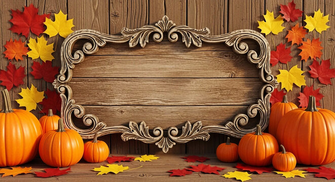 Ornate wooden frame surrounded by pumpkins and autumn leaves fall gourds - Powered by Adobe