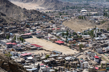 Leh, India - September 25, 2025: High angle view of the polo ground in the historic city center.