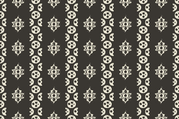 Seamless Ikat textile design featuring floral and geometric motifs on a black background. Traditional fabric pattern combines cultural artistry. perfect for fashion, upholstery, wallpaper