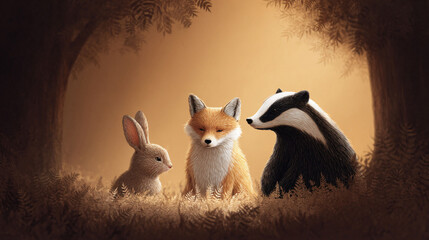 Obraz premium Charming illustration of a rabbit, fox, and badger in a serene woodland setting. Evokes friendship, harmony, and nature. Ideal for childrens books, and warm, inviting designs.