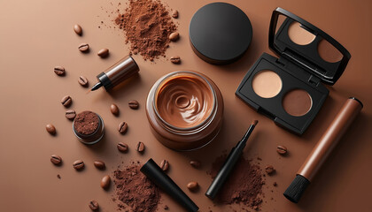 Flat lay displays makeup items with coffee beans. Chocolate inspired cosmetics form elegant beauty concept. Minimalist stylish product background with smooth textures, warm tones. Artistic neutral