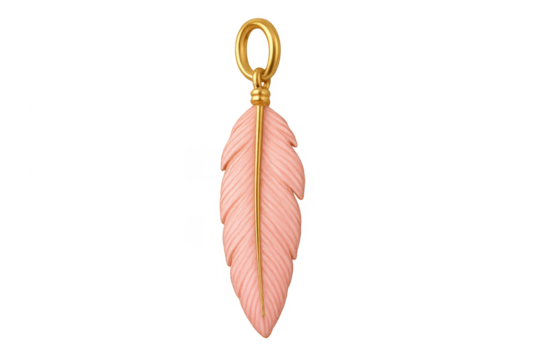 Pink carved feather charm with gold jewelry bail