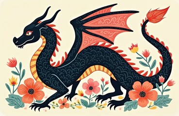 Illustration of a dragon adorned with flowers. Dragon design with floral background. Floral dragon art. Mythical creature in a garden setting. Cartoon dragon visual. Fantasy artwork.
