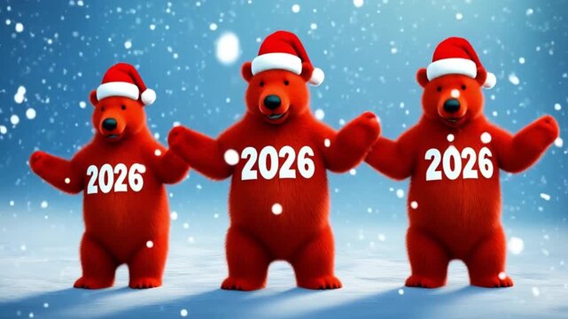 Three dancing red bears with the numbers 2026. New Year's. Against the backdrop of a bright blue sky and falling snowflakes. The bears are celebrating Christmas. New Year and Christmas promotion. Copy