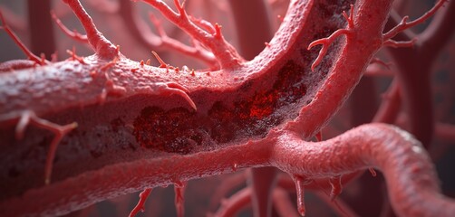 Close up of red blood vessels showing capillary network and flowing blood cells. Microscopic view of circulatory system with branching vessels, detailed inner structure visible.