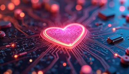 Digital pink heart glows brightly on dark circuit board. Electronic components, interconnected traces light up with vibrant energy. Image represents digital love, data connection, future tech