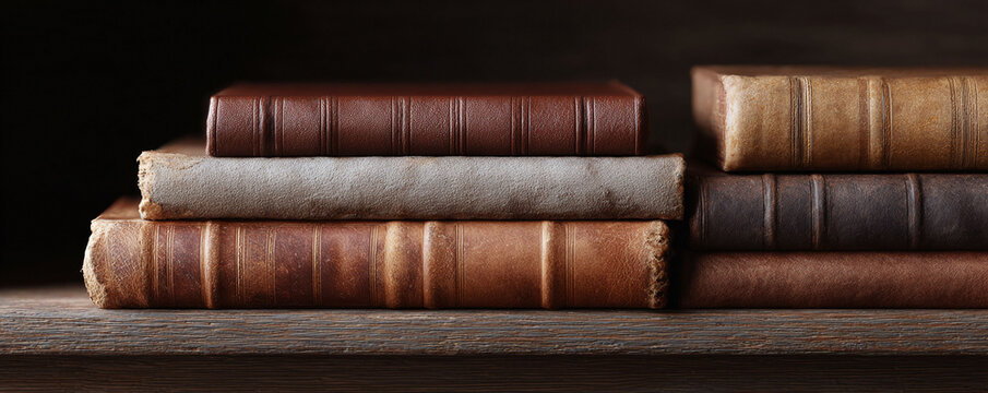 Stack of aged, leatherbound books resting on a rustic wooden shelf. Evokes wisdom, knowledge, history, and the joy of reading. Ideal for educational, literary, or vintage themes.