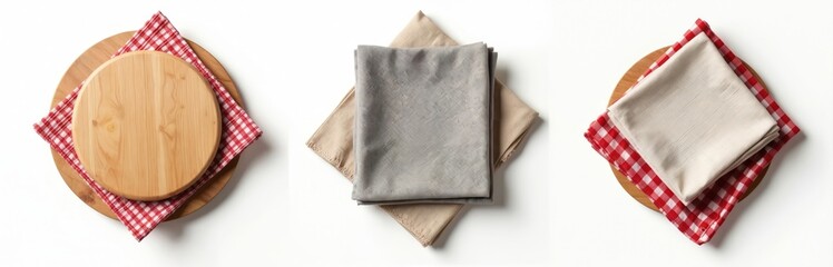 Three wooden boards with different colored napkins on top. Red checkered cloth under napkins on round wooden trays. White, gray, beige napkins. Isolated on white background. Top view of wooden pizza