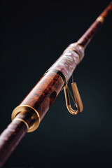 Naklejka premium Elegant closeup of a handcrafted fishing rod, showcasing its intricate details and luxurious design. Ideal for themes of craftsmanship, hobbies, nature, and precision.