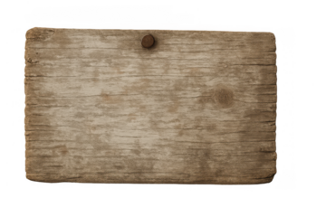 Old wooden board with a rusty nail, a rustic plank sign for information and messages, transparent background