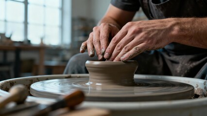 Craftsman Shaping Clay on a Potter's Wheel in a Rustic Studio