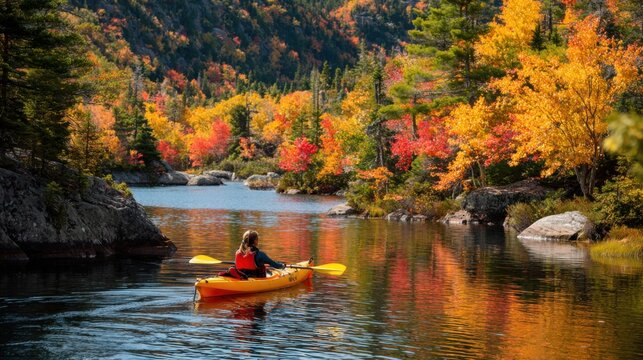 A woman is kayaking on a river with autumn leaves in the background. The scene is peaceful and serene, with the woman enjoying the beauty of nature as she paddles along the water - Powered by Adobe