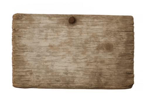 Old wooden board with a rusty nail, a rustic plank sign for information and messages, transparent background