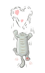 Cute cartoon cat scratching a heart shape on the wall with pink hearts and paw prints, viewed from the back. Funny love-themed illustration