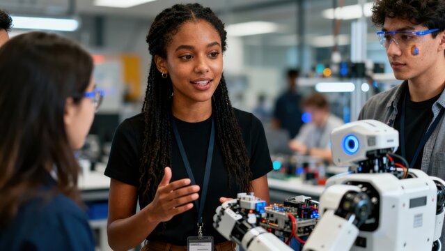 Diverse Engineers Collaborating on Robotics and AI Project