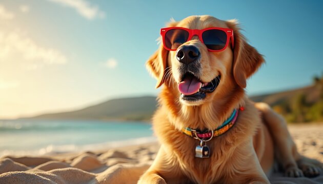 Golden retriever dog wears red sunglasses relaxing on sandy beach near blue ocean. Happy dog enjoys summer sun and sea breeze. Canine friend chills out on warm sand.
