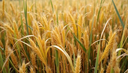 Fototapeta premium Close up shot presents wheat field. Ripe wheat ears sway in breeze in sun. Agriculture provides grain harvest. Rural landscape features farm with golden cereals plants.