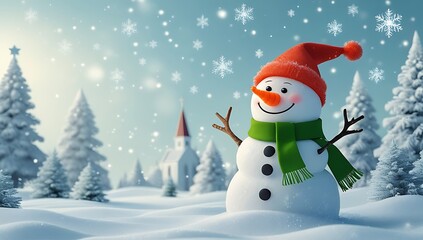 Cheerful snowman in winter wonderland with falling snowflakes