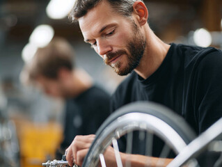 Craftsman repairing a bicycle wheel. Focus on detail, precision, and expertise. Ideal for themes of quality, craftsmanship, and sustainable transportation.