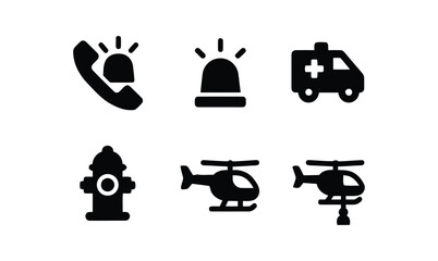 emergency, rescue, ambulance, helicopter, fire hydrant, siren, phone, call, medical, help, service, safety, transport, vehicle, alarm, alert, communication, icon, symbol, graphic, design, black and wh