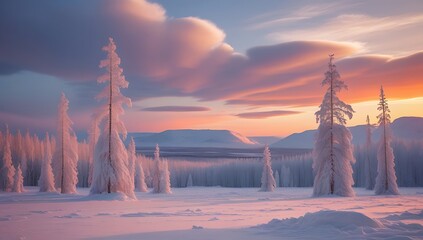 Winter wonderland sunset with snow-covered trees and mountains