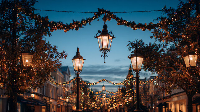 Christmas street view with decorated lamp posts and garlands