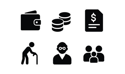 finance, money, wallet, coins, bill, dollar, income, expense, savings, retirement, elderly, old man, cane, glasses, group, people, family, icon, symbol, vector, graphic, design, silhouette, business, 