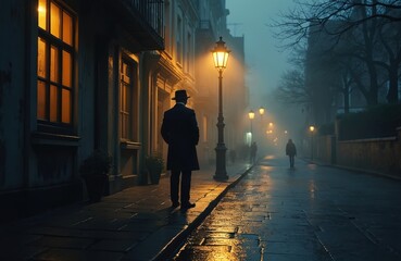 AI illustration shows elegant man in classic suit and hat on old english street. Foggy atmosphere, retro style. Perfect for crime mystery story, vintage era or detective work themes. Stylish mood.