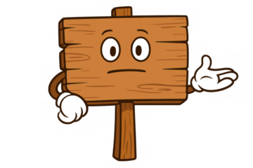 Confused wooden sign character shrugging, expressing uncertainty and hesitation with an open hand gesture, ideal for undecided concepts