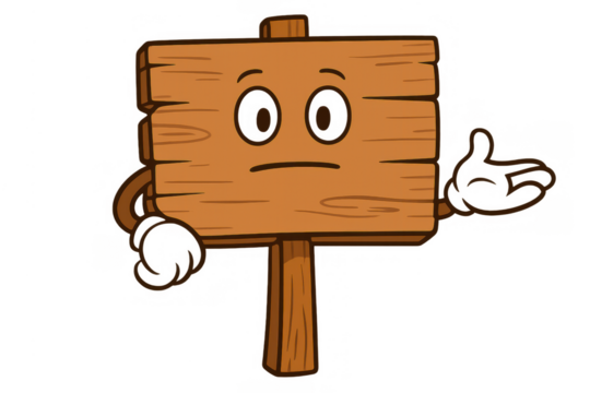 Confused wooden sign character shrugging, expressing uncertainty and hesitation with an open hand gesture, ideal for undecided concepts