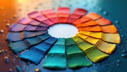 Color wheel displays spectrum of hues and tints in circular arrangement. Swatches show accurate gradations, tones, and shades for art and design education. Perfect for artists and creators.