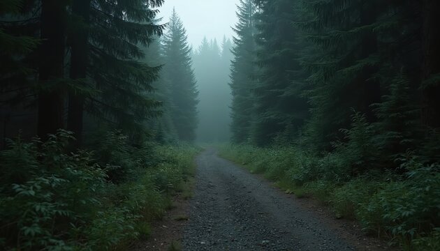 A gravel path winds through a dense coniferous forest shrouded in mist. Tall trees line both sides creating a tunnel like effect. The moody nature scene evokes calm and peaceful feeling.