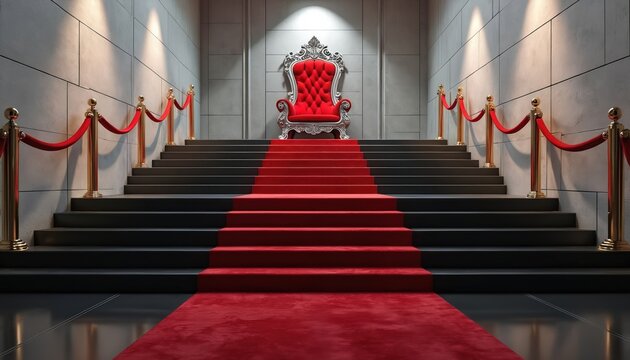 Red velvet throne stands elevated on stairs with red carpet. Ropes with gold poles border steps. Luxury armchair signifies power wealth success. Scene evokes royalty leadership achievement prestige