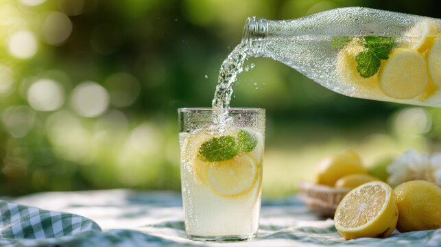 Summer Lemonade pouring into glass outdoors — refreshing joy, macro food photography for healthy drink branding, citrus slices, mint, bubbles, and sparkling hydration in natural garden