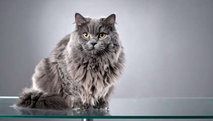 Elegant Grey Cat Portrait with Yellow Eyes on Glass Table