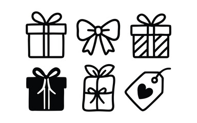 gift box, present, bow, ribbon, tag, label, heart, icon, set, collection, hand drawn, doodle, sketch, outline, black, white, celebration, birthday, holiday, surprise, package, greeting, sale, discount