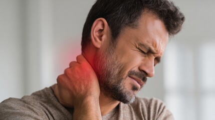 Obraz premium A man with a red neck is in pain. He is looking at the camera with a frown on his face